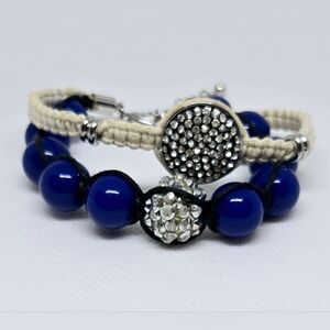 Blue Beaded Bracelet Set Macrame Crystal Stackable Silver Tone